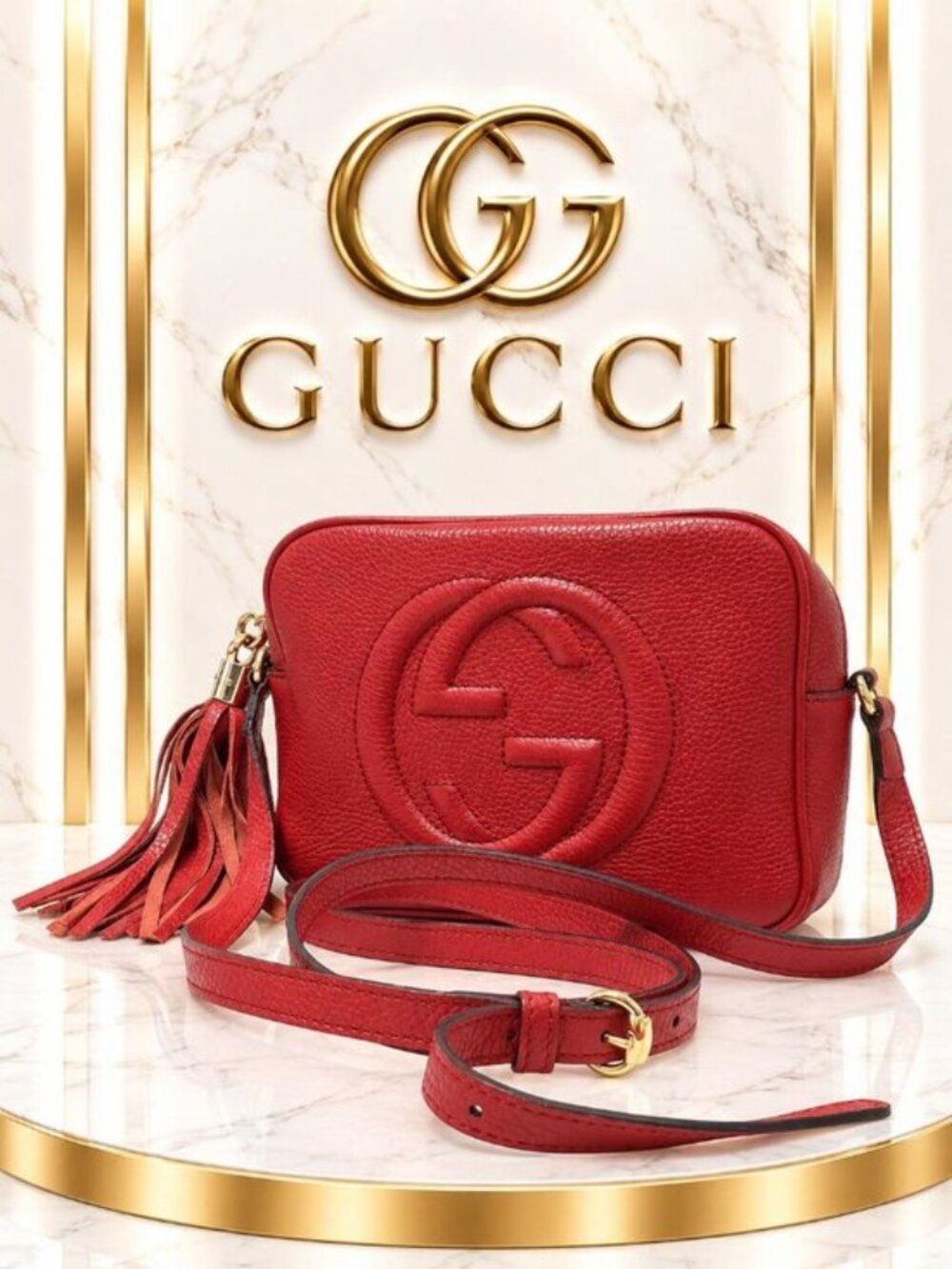 Authentic Gucci Soho Disco Leather Crossbody Bag GG Logo Tassel Gold Hardware